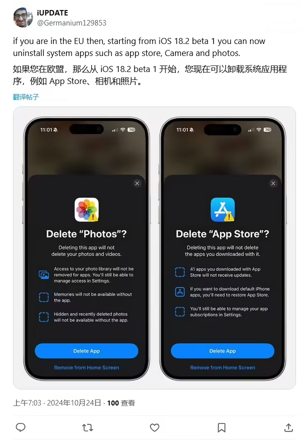 金华苹果手机维修分享iOS 18.2 支持删除 App Store 应用商店 