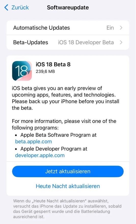 金华苹果手机维修分享苹果 iOS / iPadOS 18 开发者预览版 Beta 8 发布 